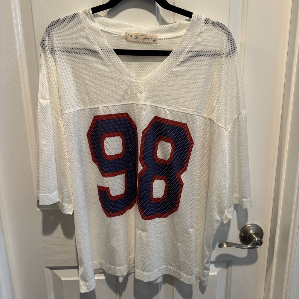 Her Entire Name Says Grace White Mesh Jersey with Red Blue Number 98 Size M
